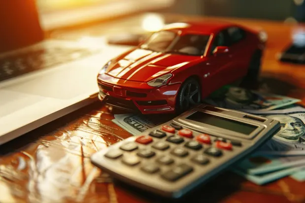 Toy car beside a calculator and cash representing auto loan costs