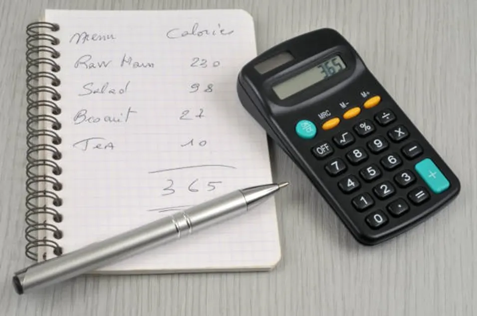 Handwritten calorie menu list beside a calculator and pen