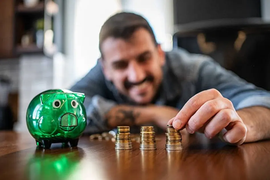 Man counting savings coins