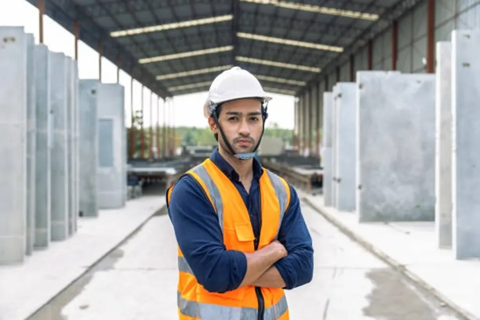 Construction worker in an orange vest and white hard hat standing with arms crossed in a concrete panel warehouse