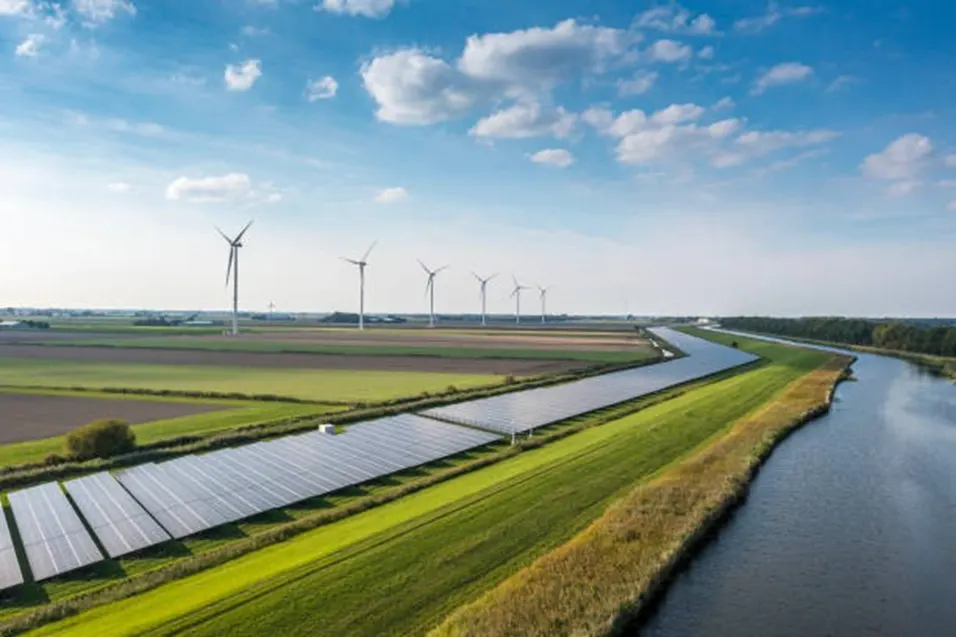 Aerial view of solar panels and wind turbines along a green field and river under a blue sky