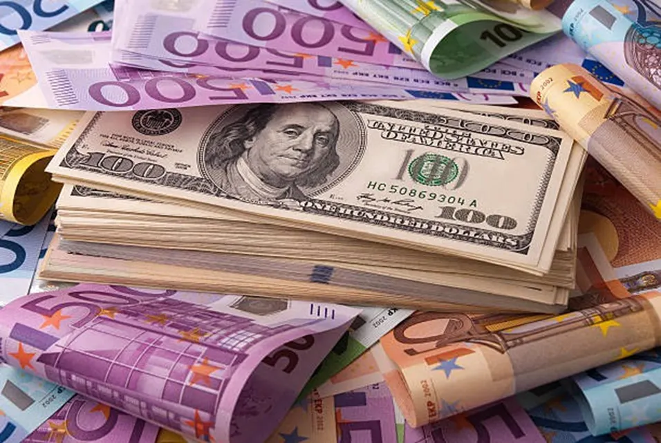 US dollars and Euro banknotes