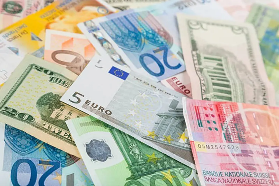 Mixed international currency banknotes