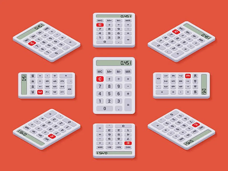 Multiple white calculators shown in different orientations and angles on a red background
