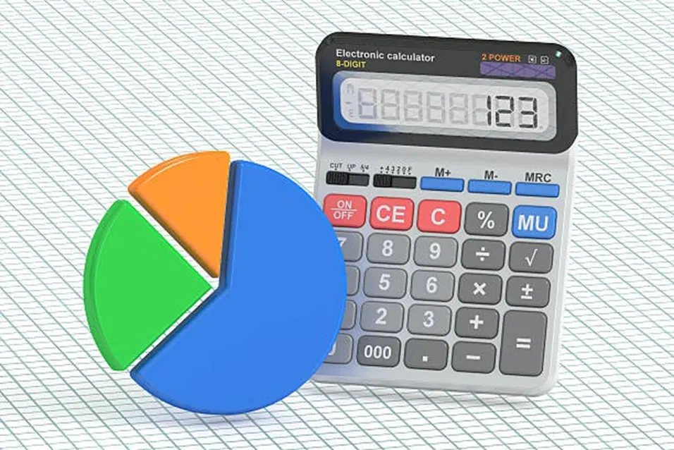 3D pie chart divided into blue, green, and orange segments beside an electronic calculator on a grid background