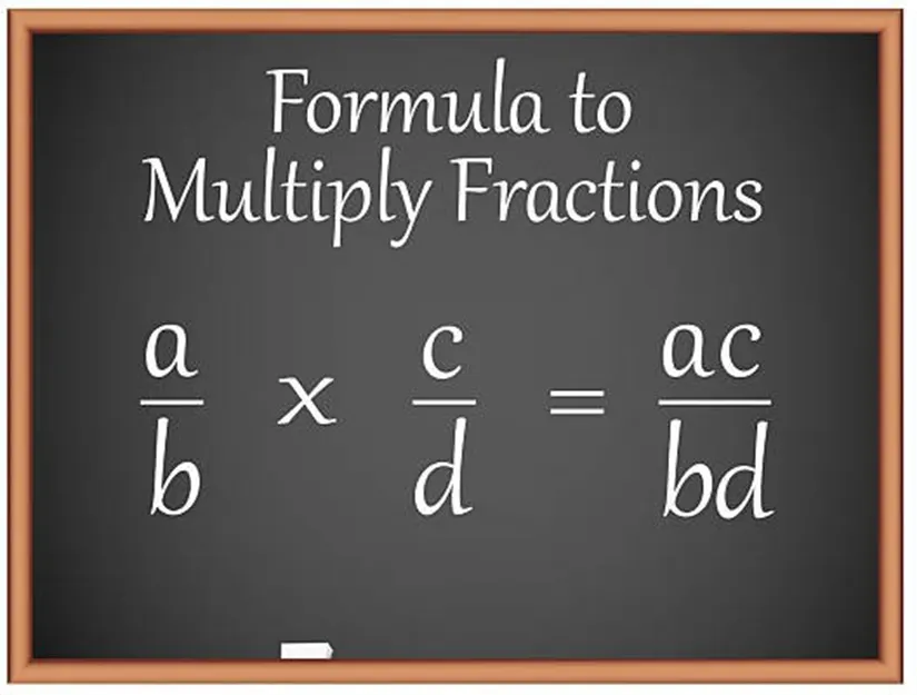 Chalkboard showing the formula to multiply fractions: a over b times c over d equals ac over bd