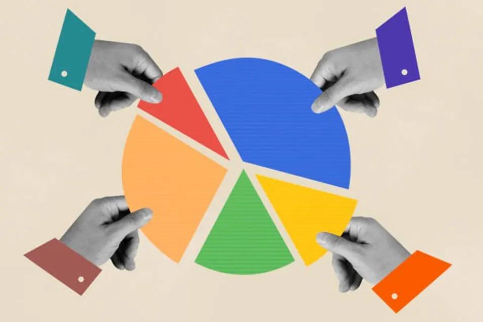 Four hands each pointing to a different coloured slice of a large pie chart on a beige background