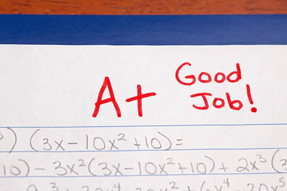 A+ Good Job written in red marker on a student notebook with maths equations