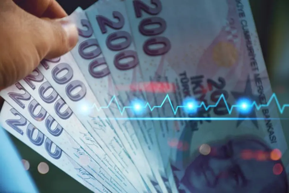Hand holding a fan of banknotes with a glowing blue stock-market pulse line overlaid on a dark background