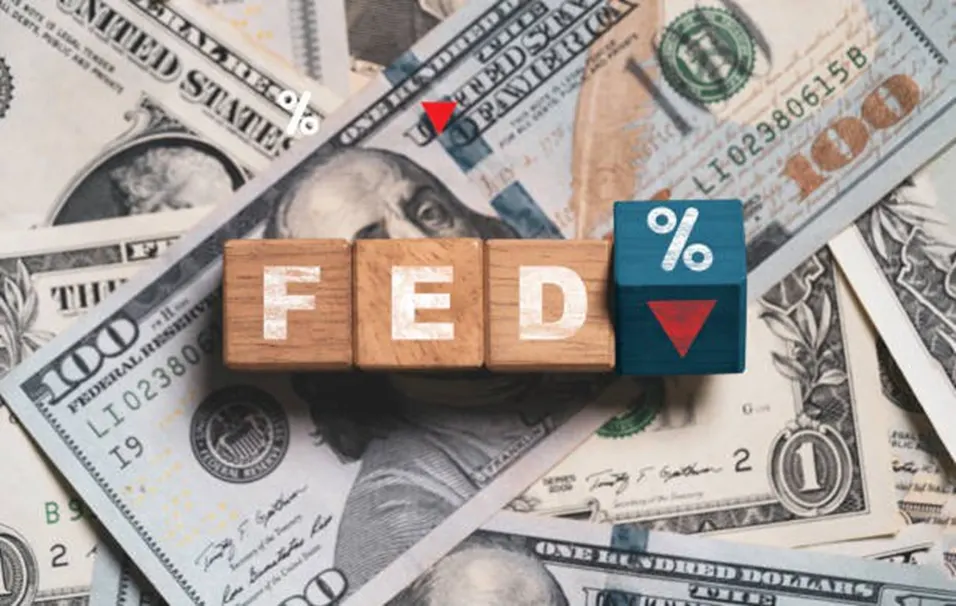 Wooden letter blocks spelling FED with a teal percentage-and-arrow cube on a bed of US hundred-dollar bills