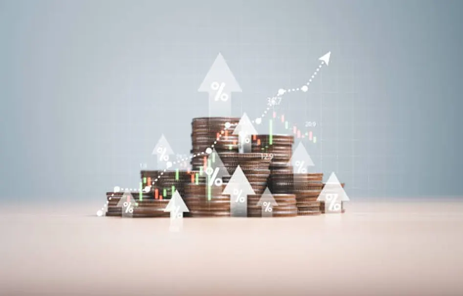 Stacks of coins arranged in a pyramid with glowing percentage arrows and a rising stock chart overlay on a grey background