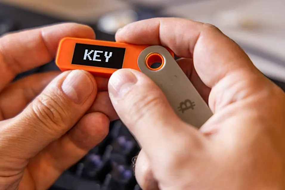 Hands holding an orange hardware key device and a crypto wallet near a keyboard