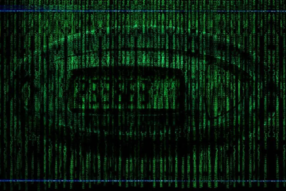 Matrix-style green binary code waterfall with a masked hacker silhouette in the background