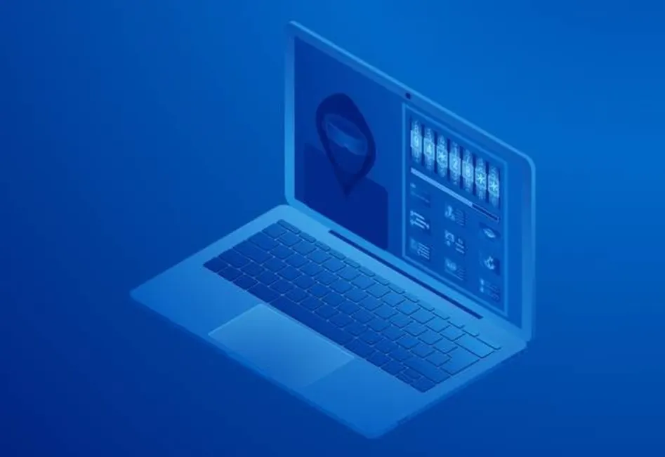 Isometric blue illustration of a laptop with a hooded hacker figure and a combination lock on the screen