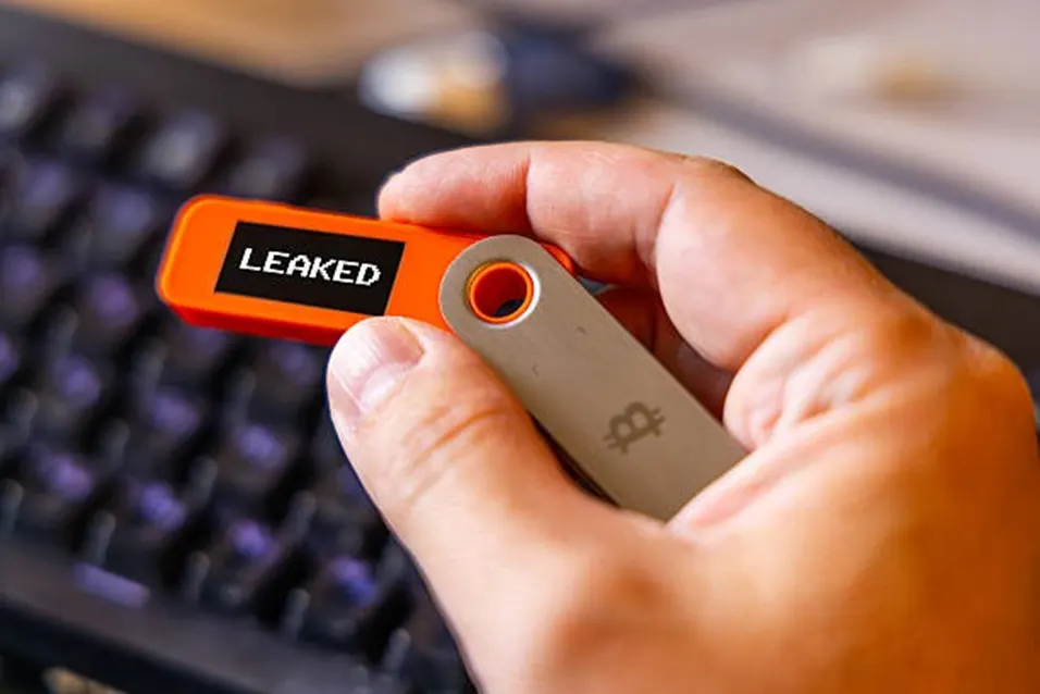 Hand holding an orange USB drive labelled LEAKED in front of a keyboard