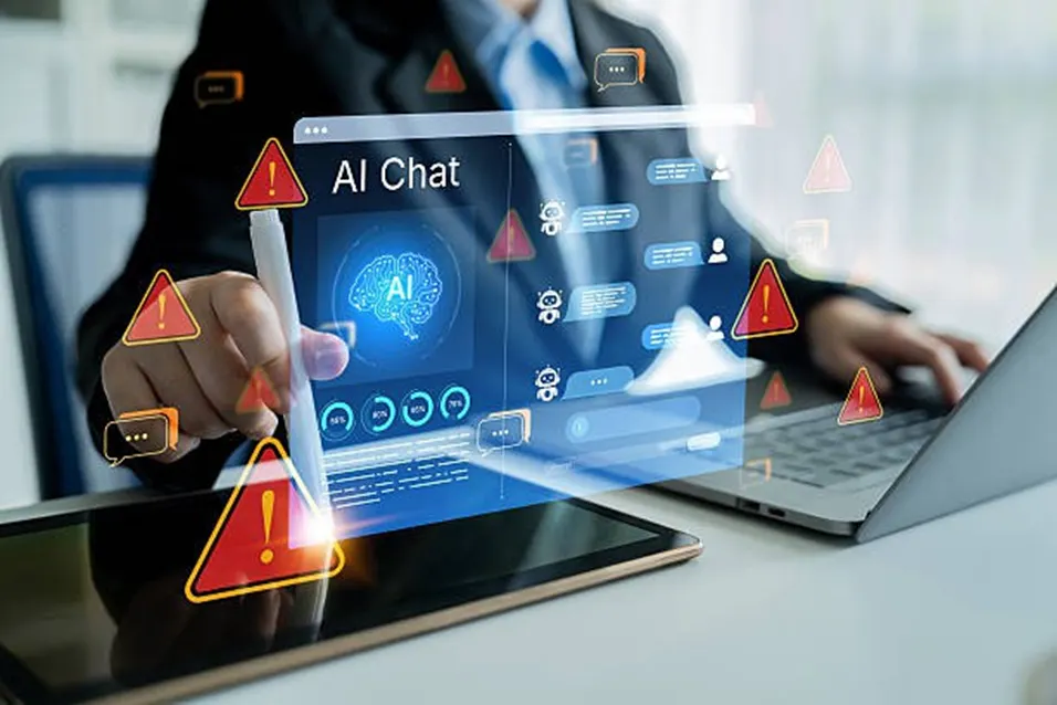 Person in a suit pointing at a floating AI Chat interface with warning triangle icons around it, laptop open on desk