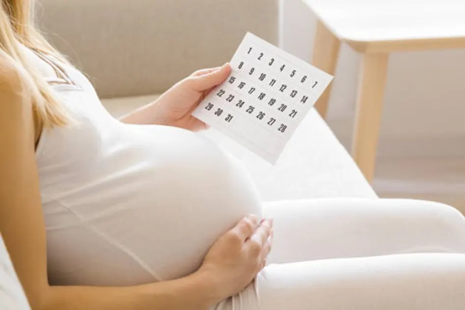 Pregnant woman sitting on a sofa reviewing a small calendar
