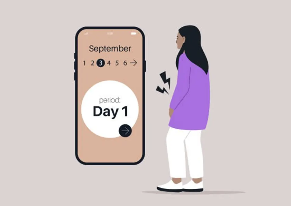 Illustration of a woman beside a phone app showing period Day 1 on a September calendar