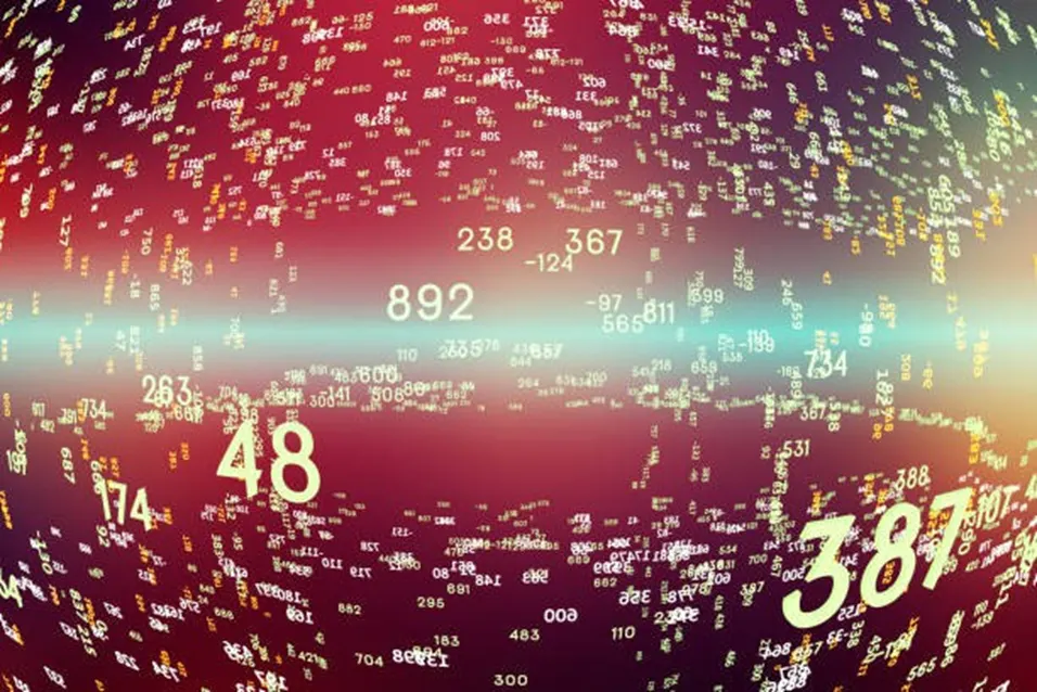 Glowing random numbers floating in a colourful digital space with a fisheye lens effect