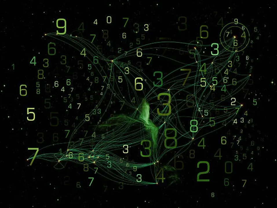 Green glowing numbers and digits floating and connected by lines against a dark starry background