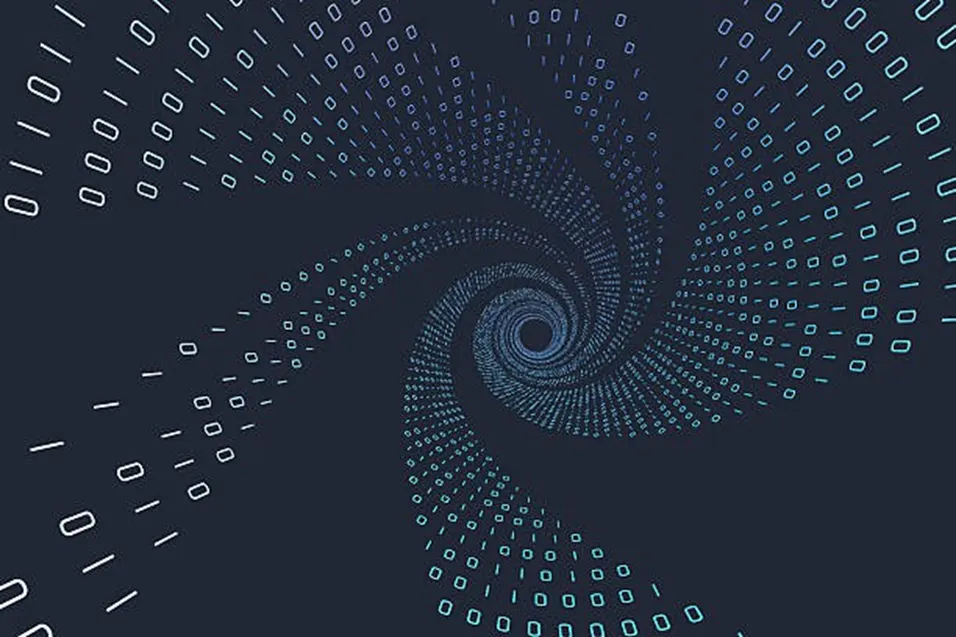 Binary digits 0 and 1 forming a spiral vortex pattern on a dark navy background