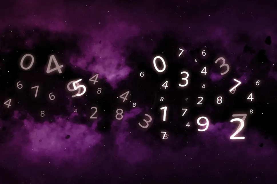 Glowing random numbers floating against a dark purple cosmic background