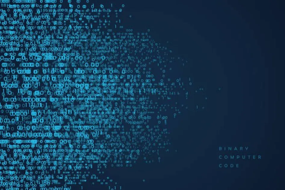 Blue binary computer code digits scattered across a dark navy background