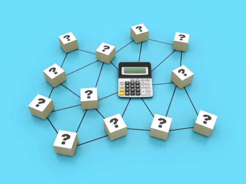3D illustration of a calculator connected to wooden question mark blocks in a network diagram on a blue background
