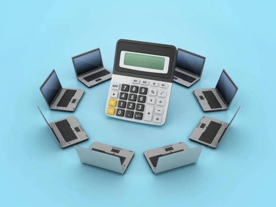 3D illustration of multiple laptops arranged in a circle around a large calculator on a blue background