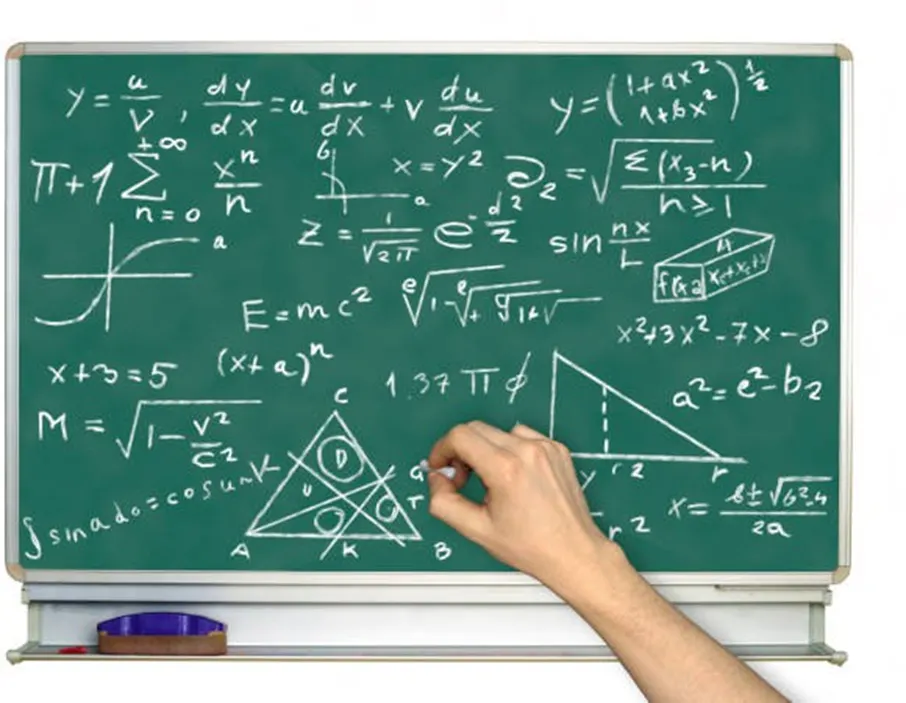 Hand writing triangle geometry formulas and diagrams on a green chalkboard covered in mathematical equations