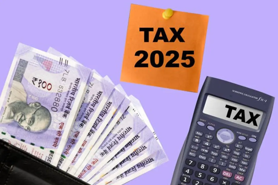 Indian rupee 500 notes fanned out from a wallet beside a TAX 2025 sticky note and a scientific calculator on a purple background