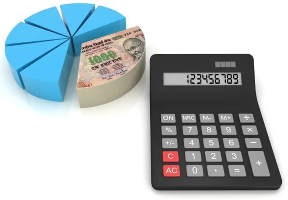 3D illustration of a blue pie chart with an Indian rupee note slice pulled out beside a black calculator showing numbers