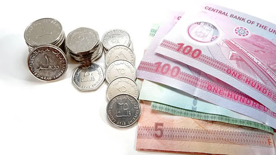 UAE dirham coins stacked and spread beside 100 and 5 dirham banknotes on a white surface